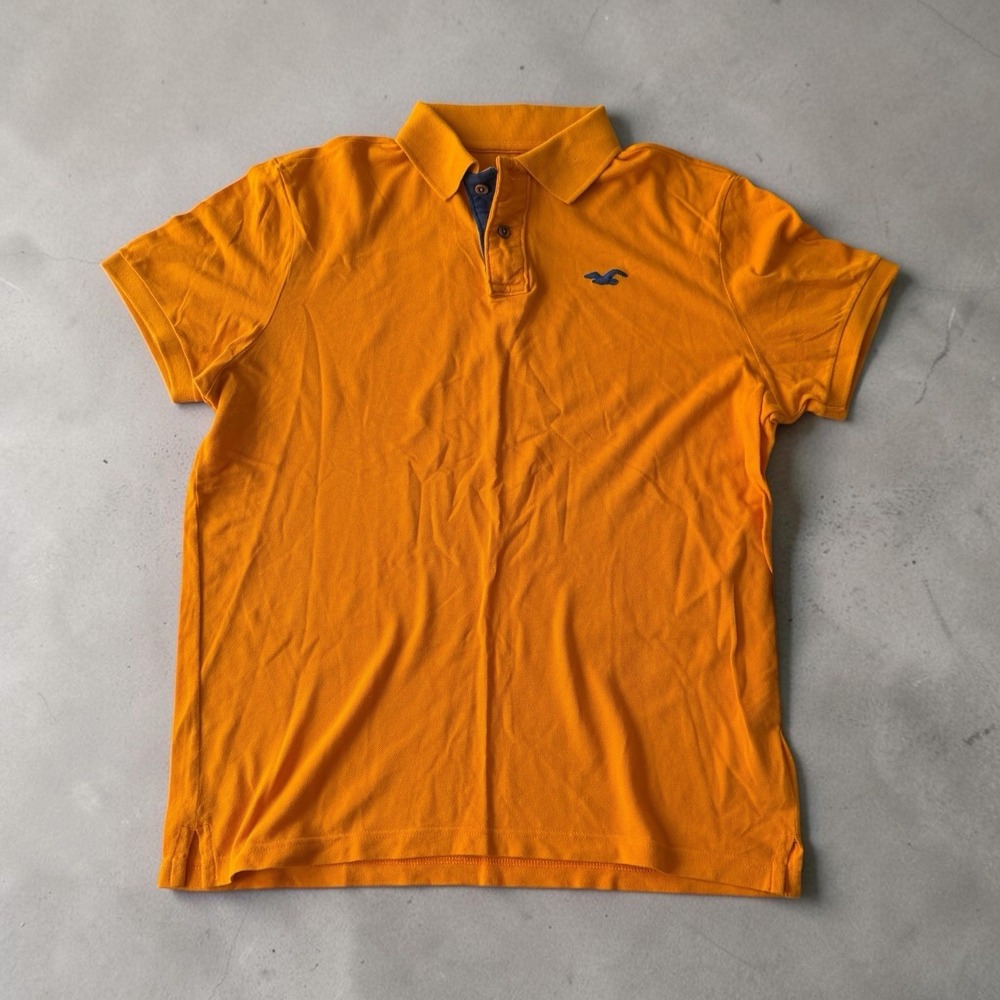 Hollister Mens L Orange Pique Knit Short Sleeve Polo Shirt Seagull Logo Classic